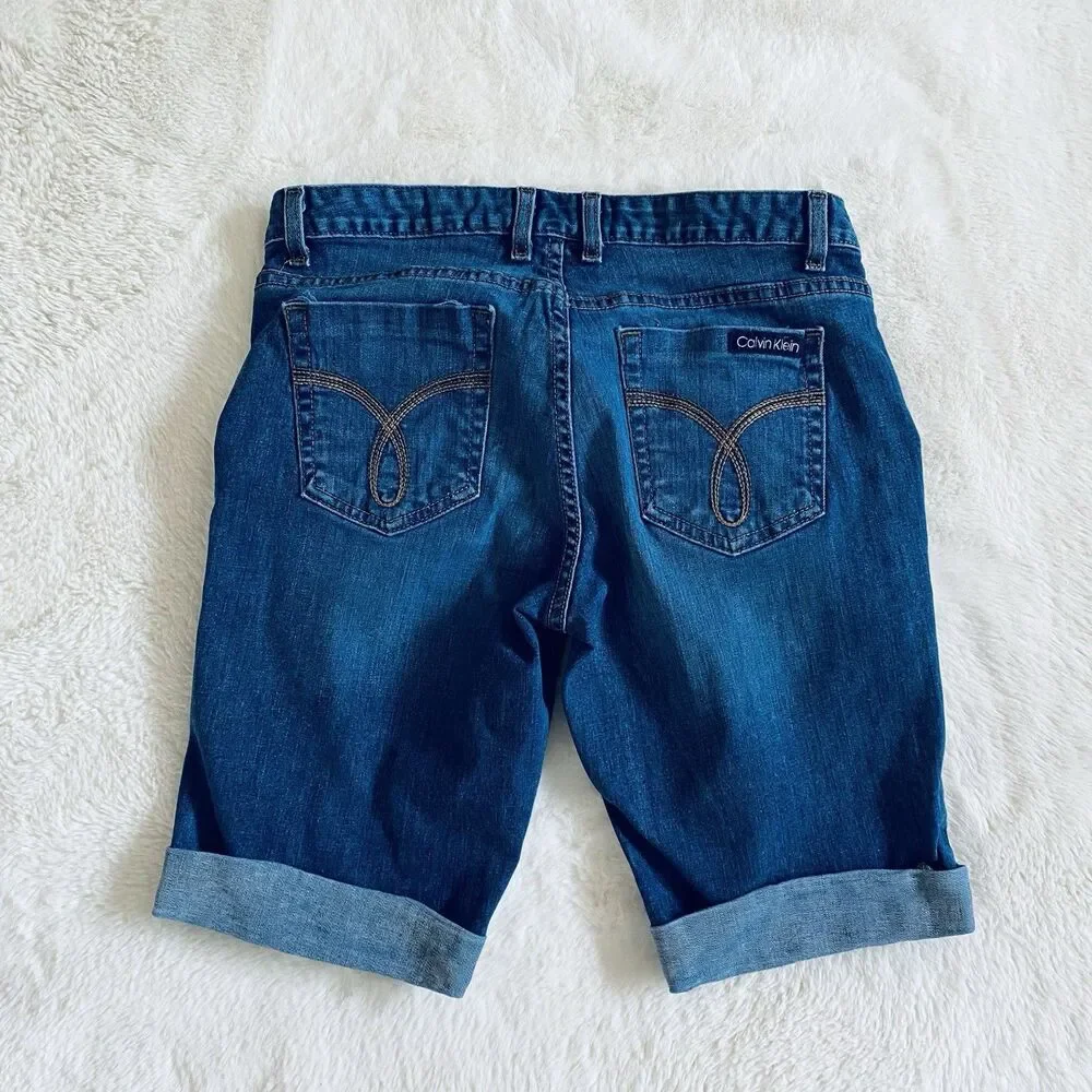 Calvin Klein Jeans Women's Bermuda Shorts Dark Wash Denim Cuffed Blue Size 10